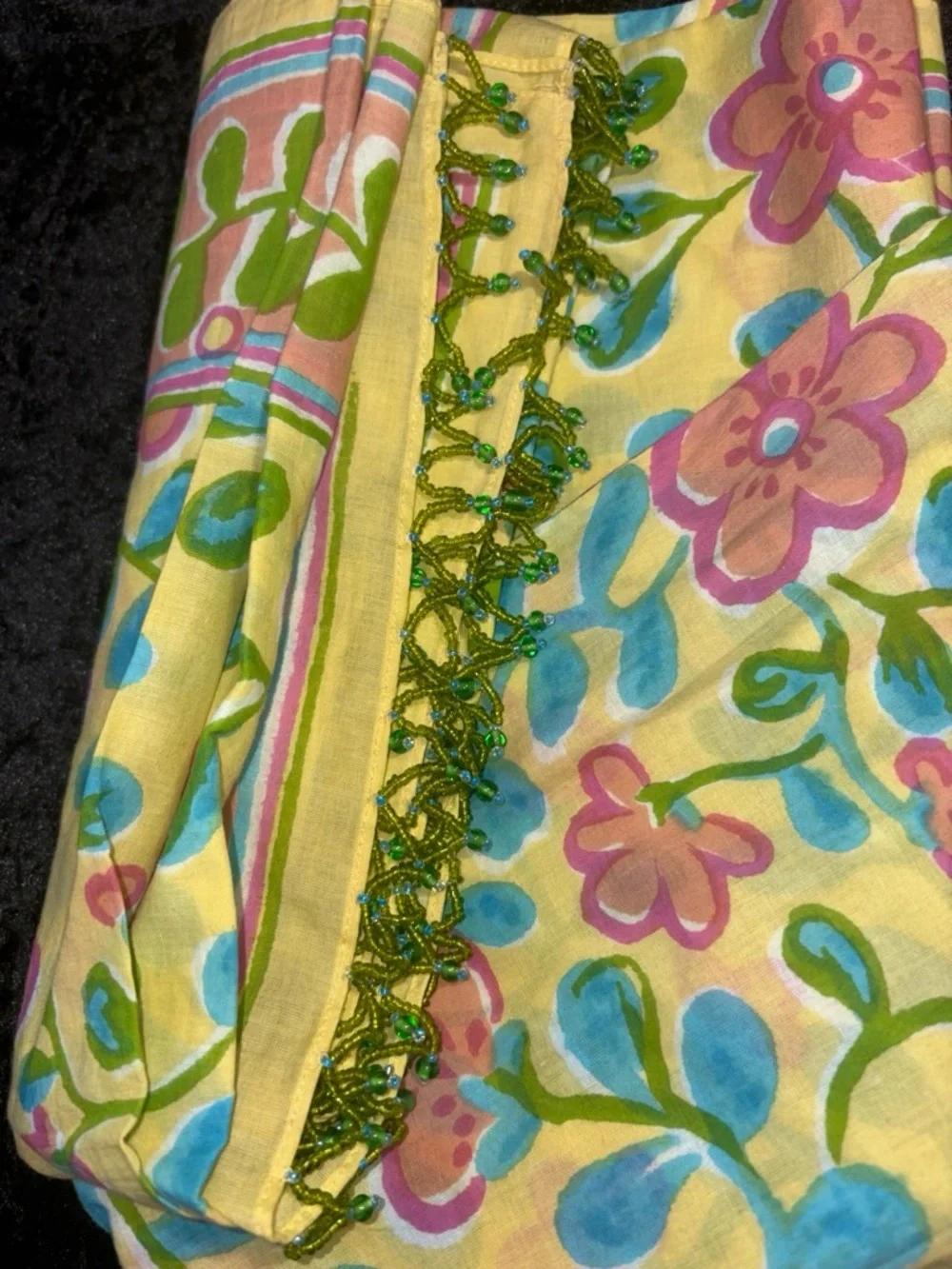 J.Jill Floral Beaded Fringe Scarf One Size Yellow Pink Floral Boho EUC